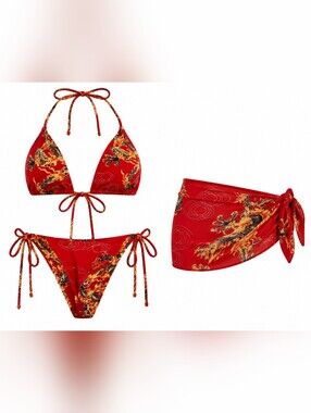 SweatyRocks Dragon Print String Bikini Set Sarong Red Y2K Festival L NWOT
